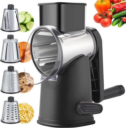 Rotary Cheese Grater with 4 Blades, Large Hand Crank Cheese Grater with Waffle Slicer, Black and White Cheese Slicer with Suction Base, Easier for Shredding& Grating (black, 4 Graters)