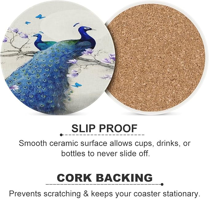 Peacock Drink Coasters, Round Ceramic Drink Coaster Round-4PCS, Vintage Style Beautiful Blue Peacock Floral Decor Absorbent Ceramic Coasters for Beverage Cup, Bar, Coffee Table