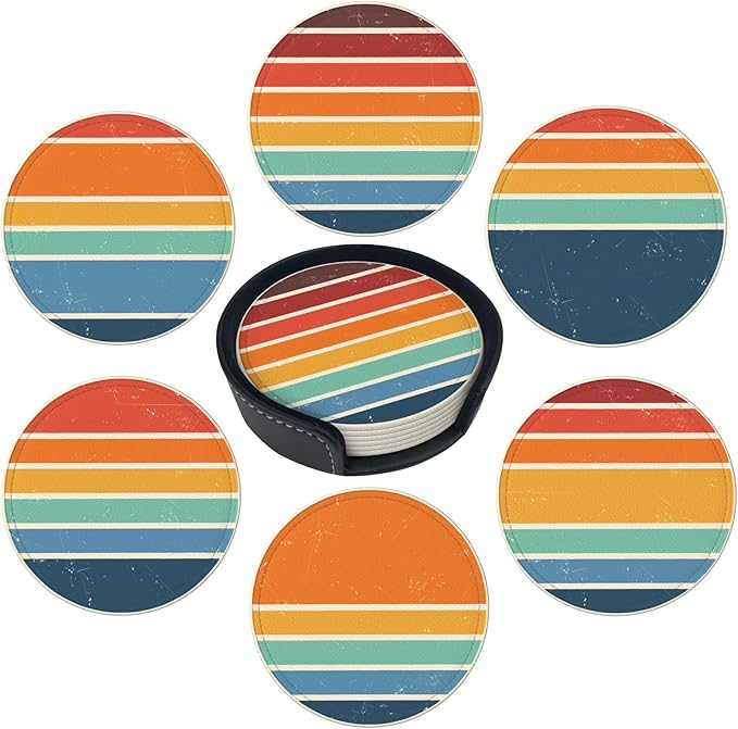 Vintage Colorful Beach Sunset Leather Drink Coasters Set of 6 with Holder Round Cup Coaster for Table Decor