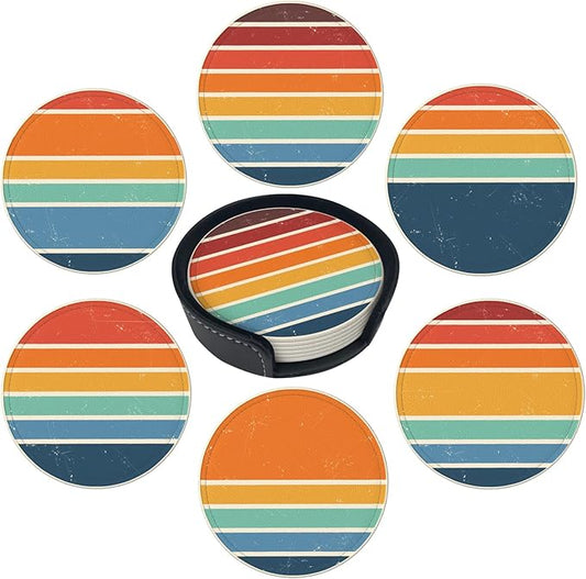 Vintage Colorful Beach Sunset Leather Drink Coasters Set of 6 with Holder Round Cup Coaster for Table Decor