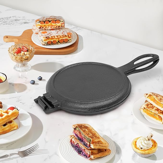 Cast Iron Waffle Maker, 2-Piece Stovetop Waffle Iron Set for Gas Stove - 6.7 Inch Classic Belgian Waffle Plates, Non-Stick & Detachable, Perfect Holiday & Christmas Breakfast Gift (Black)