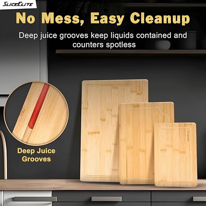 SliceElite Bamboo Cutting Board Set of 3 with Holding Rack and Silicone Feet Non Slip Storage Organizer with Handles Juice Grooves Space Saving Countertop Kitchen Wood Prep Boards Wooden Chopping