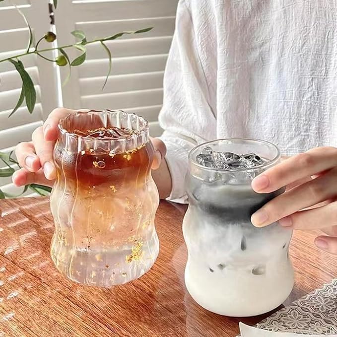 Nirvany 2 Pcs Ribbed Glass Cups, 18 Oz Vintage Drinking Glassware with Wave Shape Design, Bubble Cups for Iced Coffee, Juice, Beverage, Milk, Cocktails, Bubble Tea, and More