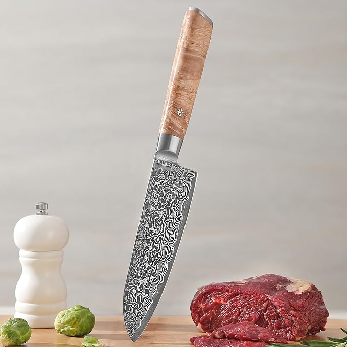 zayiko Kinone Santoku Knife – 6.7-Inch Damascus Kitchen Knife | 67 Layers Damascus Steel with VG10 Core | Ergonomic Birch Root Wood Handle | Professional Chef Knife in Gift Box