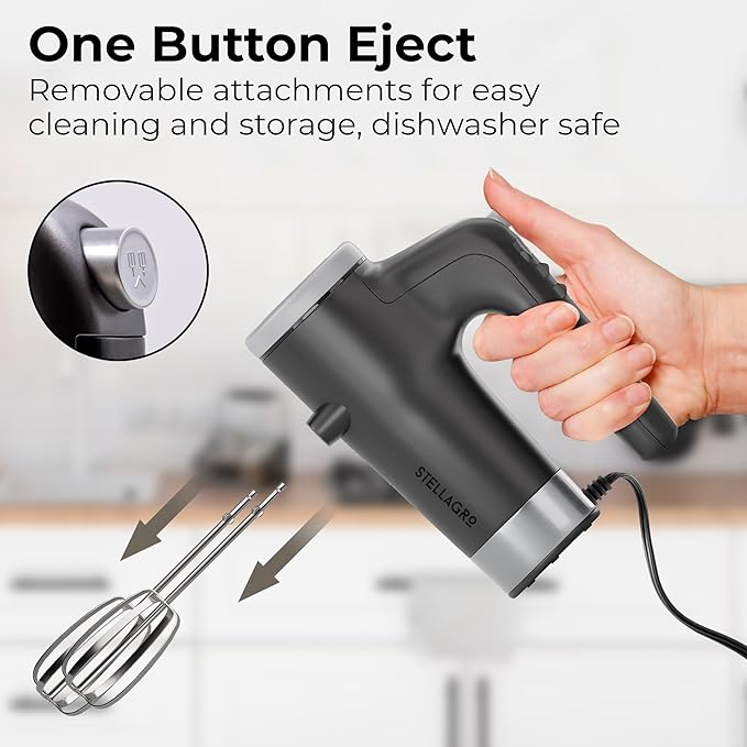 Stellagro Electric Hand Mixer 9 Speed with Stainless Steel Whisk, Flat Beater & Dough Hook, Snap Storage Case, Compact Lightweight 350 W Powerful handheld mixer for Baking & Cooking, Gray