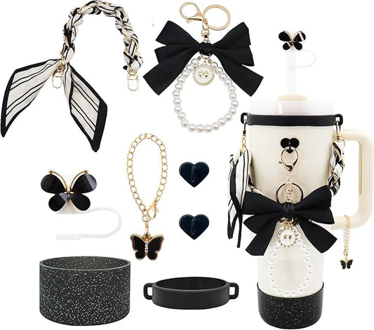Stanley Cup Accessories Set for 40oz & 30oz Tumbler Including Water Bottle Handle Strap、Bow Keychain、Cup Ring、Bling Silicone Boots、Butterfly Straw Topper、Charm Accessories for Stanley Cup