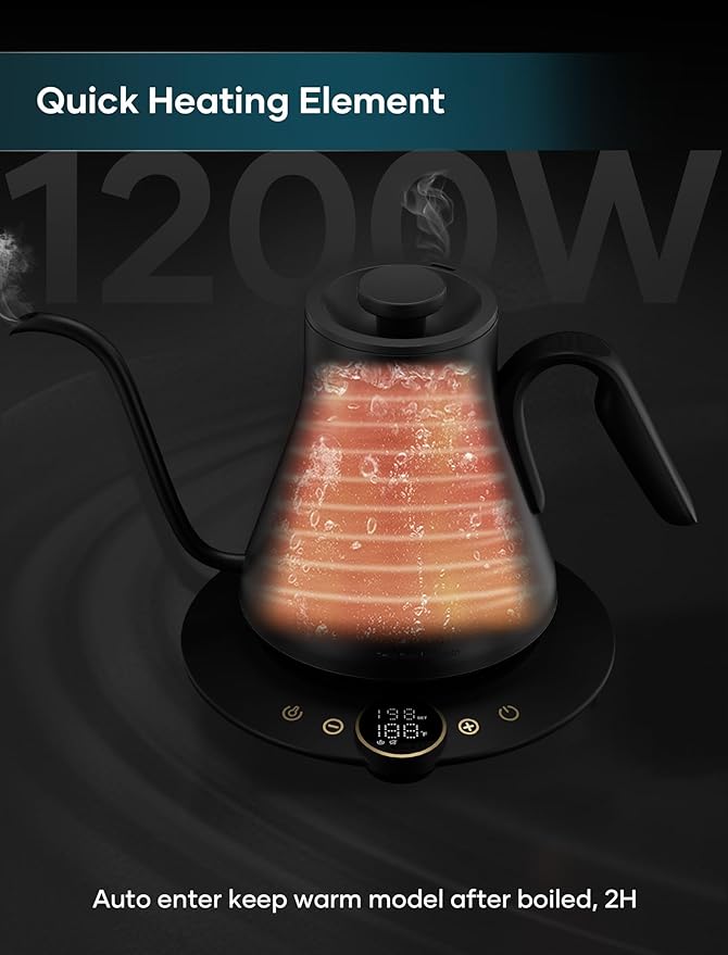 INTASTING Gooseneck Electric Kettle with ±1℉ Temperature Control for Pour Over Coffee & Tea, Quick Heating, BPA-Free Stainless Steel, Built-in Brew Timer, 1500W/0.9L (Onyx Black)