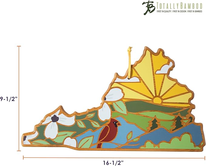Totally Bamboo Virginia State Shaped Cutting Board and Charcuterie Serving Platter with Artwork by Summer Stokes, Includes Hang Tie for Wall Display