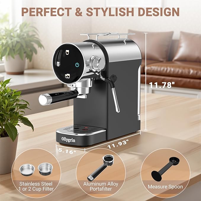 Ollygrin 20 Bar Espresso Machine, Adjustable Espresso Machine with Milk Frother, Compact Espresso Maker with Touch Panel, Removable Water Tank & Drip Tray, Cup Warmer, Pre-Infusion for Rich Crema