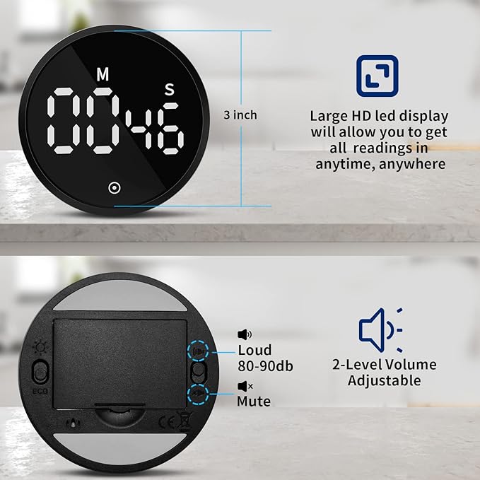 Kitchen Timer Magnetic Classroom Timer for Kids, Rotation Countdown Countup Timer Large LED Display with Volume & Brightness Adjustable for Cooking/Exercise, Easy to Use Even for Seniors or Children