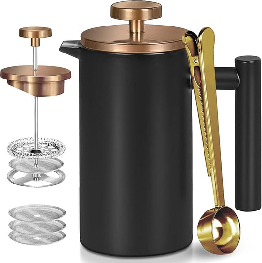 WORBIC Black Mini French Press Coffee Maker 12oz, Single Cup French Press with Rose Gold Lid, 3 Extra Filters & 1 Gold Spoon(350ml Compact Travel Size) Dishwasher Safe