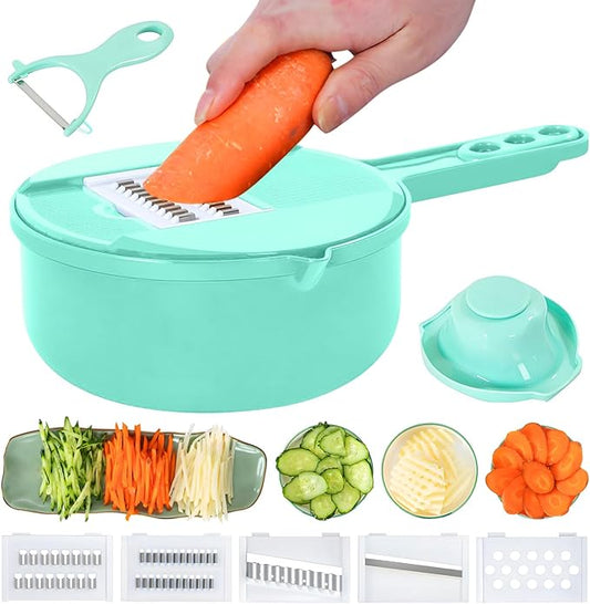 Mandoline Food Slicer, Multifunctional Vegetable Slicer Cutter with Hand Protector, Vegetable Shredder for Potato, Tomato, Carrot (Green-7 in 1)