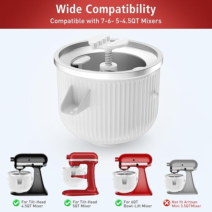 Ice Cream Attachment for KitchenAid Mixer, Ice Cream Bowl Compatible with 4.5Qt and 6QT Or Larger Stand Mixers KitchenAid Attachment, Frozen Yogurt & Sorbet Gelato Maker Attachment, 2 Qt White