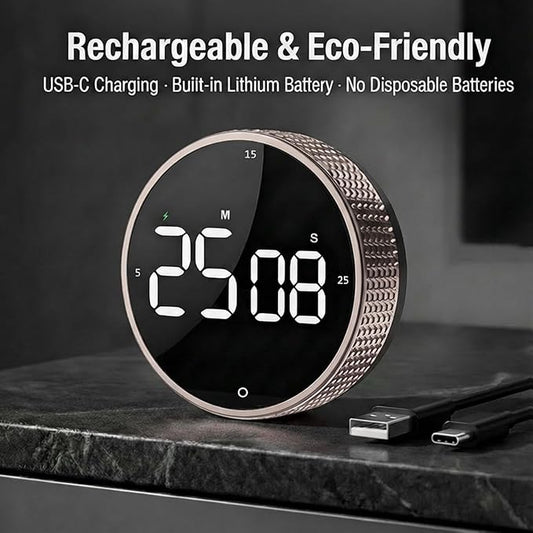 Rechargeable Magnetic Kitchen Timer,LED Countdown/Up Timer, Supports USB-C Charging,with Loud Alarm,3 Preset Quick Times(5/15/25m),Perfect for Kitchen Cooking, Studying, and Fitness (Brown)