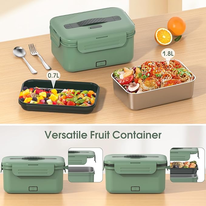 Electric Lunch Box Food Heater Upgrade 3 in 1 Portable Food Warmer 60-100W Leakproof Heated Lunch Box for Adults Car/Truck/Office with 1.8L SS Container Fork Spoon Carry Bag, 12V/24V/110V