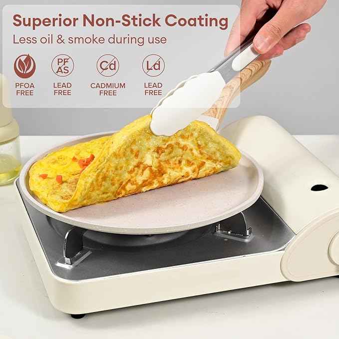 JEETEE Crepe Pan Nonstick, 11 Inch Comales Para Tortillas Griddle Pan for Stove Top, Granite Coating Flat Pancake Pan Dosa Tawa, PFOA FREE and Induction Compatible (Beige)