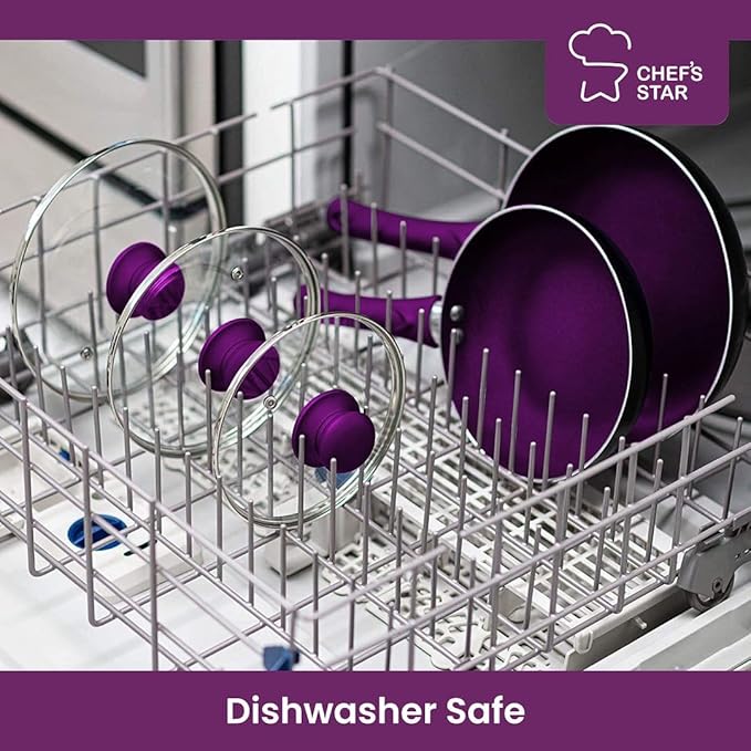 Chef’s Star Aluminum Pots and Pans Set for Kitchen - Nonstick Stackable Induction Cookware, 11 Pcs, Purple