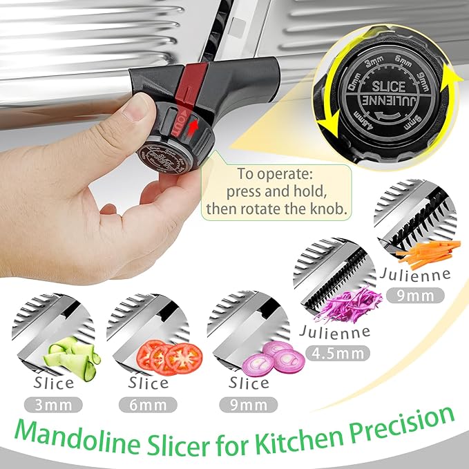 Stainless Steel Mandoline Slicer & Onion Chopper - French Fry Cutter with Safety Pusher | No-Cut Glove & Click-Lock | Adjustable 3-9mm Slices/4.5-9mm Shreds