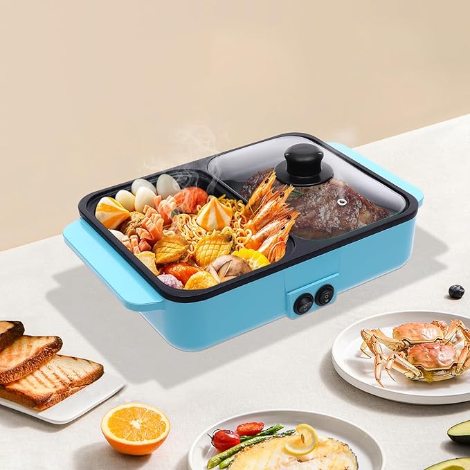 Electric Grill Hot Pot 2 in 1 Indoor Smokeless Hotpot Pot Electric Cooker Electric Hot Pot with Grill with Divider-Separate Dual Temperature Contral Korean BBQ Grill (Blue)