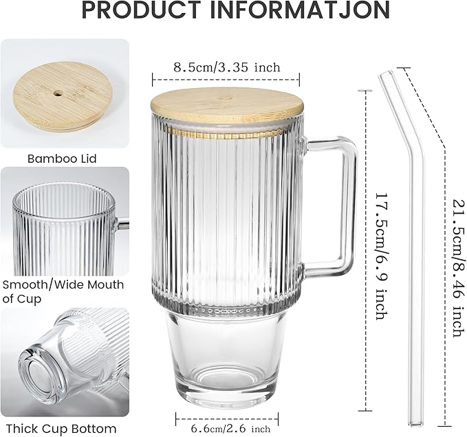 24oz Ribbed Glass Cups with Lids and Straws Handle Iced Coffee Drinking Glasses Heavy Duty Tumbler for Cold Drink Smoothie Boba Tea(Ribbed with Bamboo Lid)