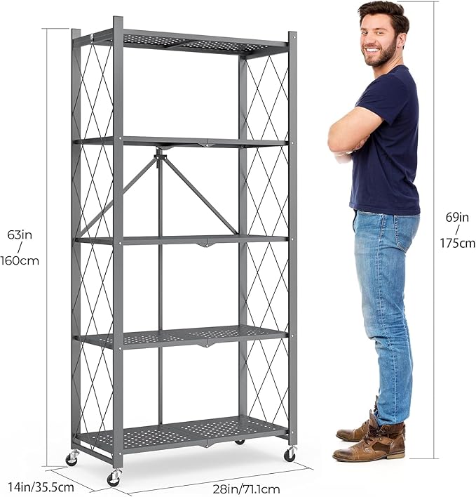 5-Tier Folding Metal Storage Rack - 63" Heavy-Duty Steel Frame with Wheels, No Assembly Utility Organizer, Rolling Shelving Unit for Kitchen, Garage, Pantry, Bedroom (Gray, 5 Tier)