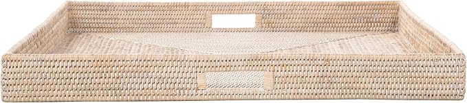 KOUBOO La Jolla Rattan Tray, Square Woven Tray - Decorative Coffee Table, Breakfast Tray, Home Decor, Serving & Basket Style, Extra Large, White-Wash