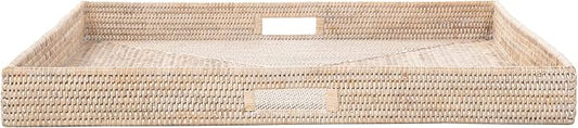 KOUBOO La Jolla Rattan Tray, Square Woven Tray - Decorative Coffee Table, Breakfast Tray, Home Decor, Serving & Basket Style, Extra Large, White-Wash