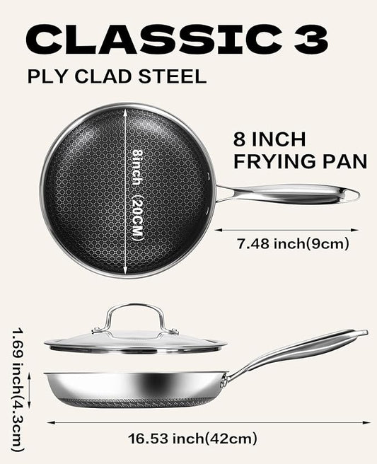 USELUCK Nonstick Frying Pans with Lid,8-Inch Stainless Steel Skillet with Honeycomb Surface,Dishwasher-Friendly,Oven-Safe,PFAS-FREE,Non-Toxic,Compatible with All Cooktops.