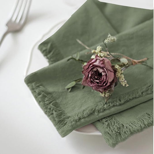 Handmade Cloth Napkins 100% Cotton Napkins with Fringe，Delicate Handmade Cloth Napkins for Dinners, Parties, Weddings and More，18 x 18 Inch Set of 12 - Sage Green