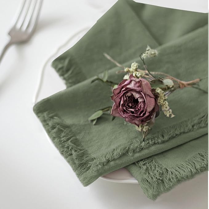 Handmade Cloth Napkins 100% Cotton Napkins with Fringe，Delicate Handmade Cloth Napkins for Dinners, Parties, Weddings and More，18 x 18 Inch Set of 4 - Sage Green