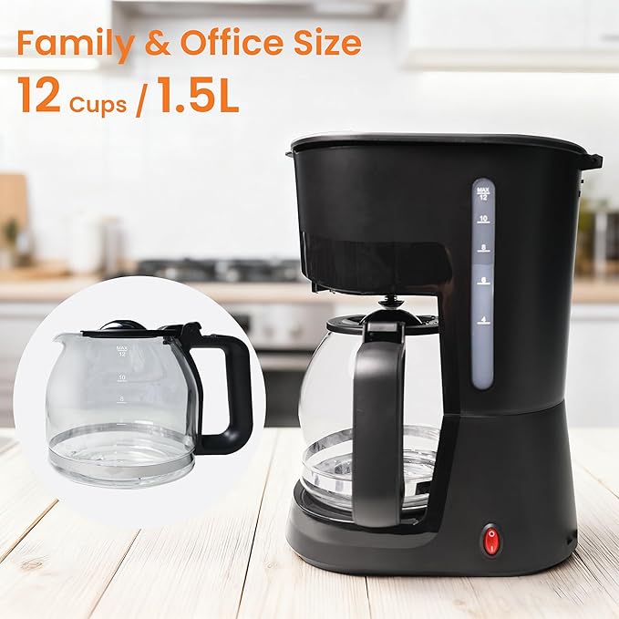 SuntNeew 12-Cup Coffee Maker, 1.5L Drip Coffee Machine with One-Touch Brewing, Glass Carafe, Anti-Drip System, Reusable Filter, Easy-to-Use Home & Office Coffee Brewer