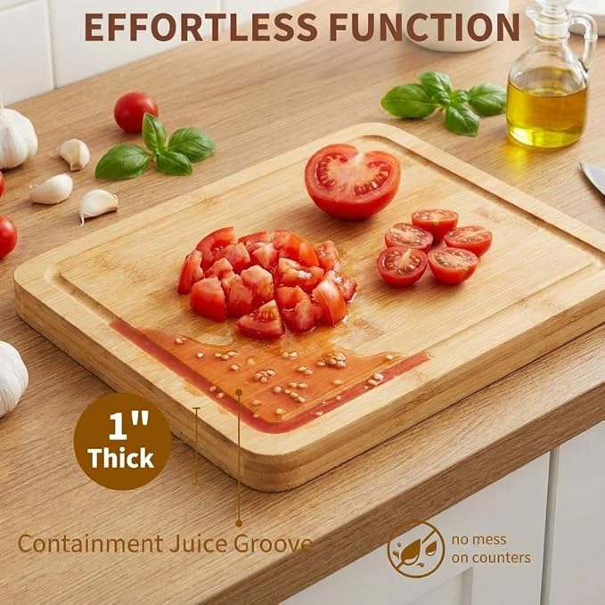 Bamboo Cutting Board, 16x10 in, 1 in Thick Wood Cheese Charcuterie Board with Deep Juice Groove & Built in Handle, Butcher Chopping Block for Kitchen