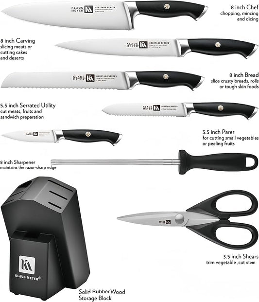 Klaus Meyer 8-Piece Kitchen Knife Set, German High Carbon Steel Pakka Wood Handle Chef Knife Set With Block, Ultra Sharp With Scissors, Sharpener Rod.