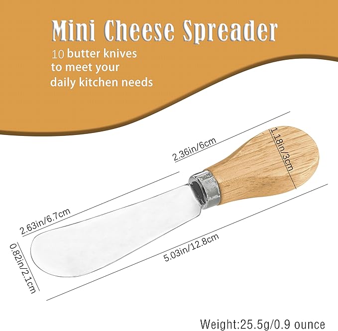 10 Piece Small Cheese Spreader Set, Stainless Steel Butter Spreader, Mini Butter Knife Spreader with Wooden Handle for Grill Plates, Sandwiches,Cocktail Spreaders, 4.7 inch