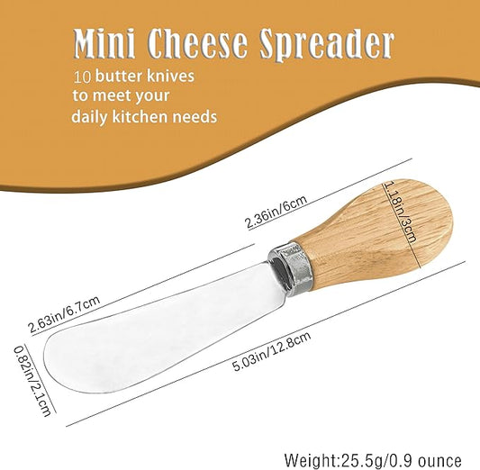 10 Piece Small Cheese Spreader Set, Stainless Steel Butter Spreader, Mini Butter Knife Spreader with Wooden Handle for Grill Plates, Sandwiches,Cocktail Spreaders, 4.7 inch
