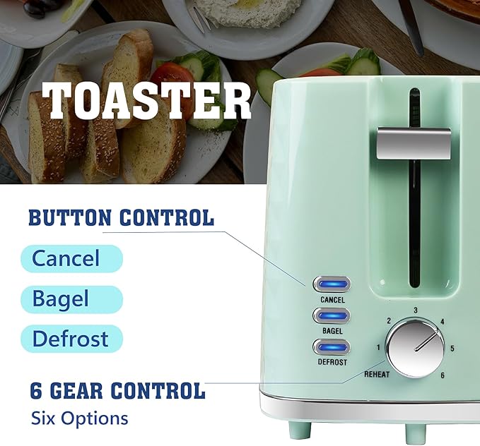 Seydere Toaster 2 Slices, Toasters Wide Slot, Bread Toaster with Cancel, Bagel, Defrost Function, Bagel Toasters with Removable Tray & 6 Temperature Settings, Green