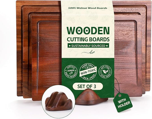 Walnut Wood Cutting Boards for Kitchen, 3 PCS Wooden Cutting Board Set with Holder Large to Small, Chopping Board Set with Deep Juice Grooves, Non Toxic Serving Tray, Perfect Mother's Day Gifts