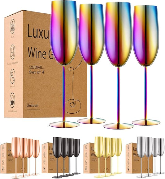 Stainless Steel Champagne Flutes Set of 4-Wedding &Birthday Gifts,8.5 Oz Unbreakable Champagne Glass with Long Stem,Reusable Indoor Outdoor Drinkware (Colorful)