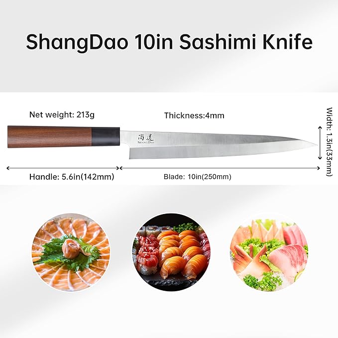 SHANGDAO Sashimi Sushi Knife 10 Inch, Japanese Yanagiba Knife For Cutting Fish Filleting and Slicing, Premium German Stainless Steel & Traditional Wooden Handle, Gift Box