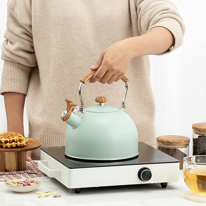 Vilihkc Tea Kettle 2.6 Liter Whistling Tea Kettle, Tea Pots for Stove Top Food Grade Stainless Steel with Wood Pattern Folding Handle, Loud Whistle Kettle for Tea, Coffee, Milk