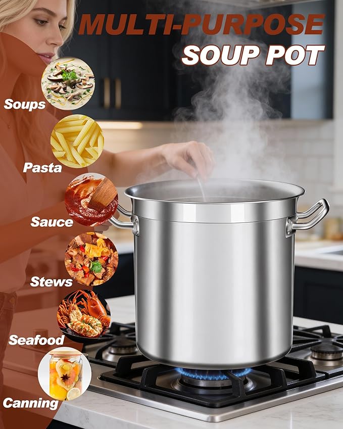 24 Quart Stainless Steel Stock Pot with Glass Lid – Heavy Duty Cooking Pot for Soup, Stew, Pasta – Induction Compatible, Dishwasher Safe – Ideal for Home & Commercial Use