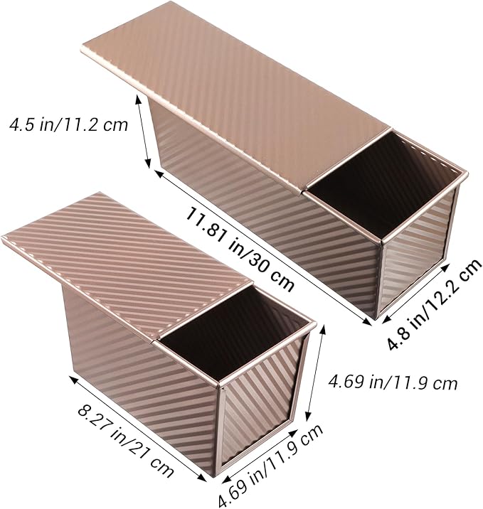 2Pcs Pullman Loaf Pan with Lid, 2 lb/1 lb Dough Capacity, Premium Sandwich Bread Loaf Pan with Lid, Carbon Steel Corrugated Bread Toast Box with Cover for Baking
