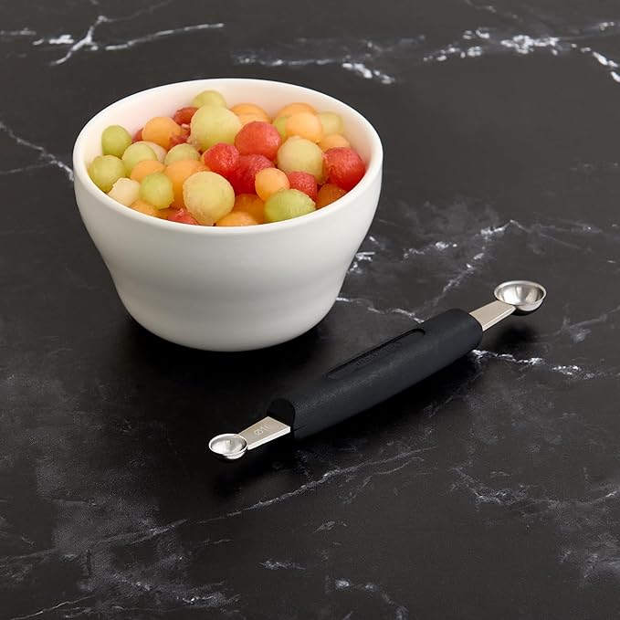 Cat Cora Melon Baller, Professional 18/8 Stainless Steel Dual Blades 22/25-Millimeter For Melon Balls and Garnishes, Ergonomic Soft-Grip Handle