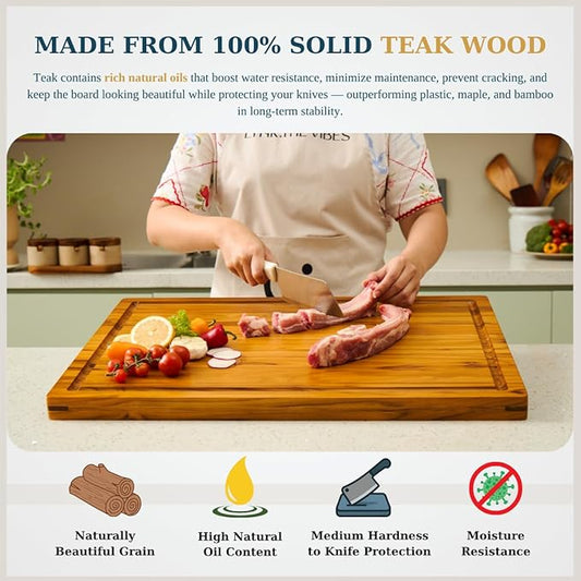 Bearchop Teak Cutting Boards for Kitchen, [17" x 13" x 1.5"] Medium Edge Grain Cutting Boards, Solid Teak Wood Butcher Block Cutting Board with Juice Grooves and Handle, Knife Friendly and Reversible