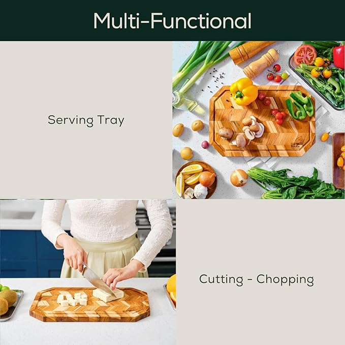 EZ FURNITURE Small (S) Teak Herringbone Wood Premium Cutting & Serving Board, Knife Friendly, Juice Groove & Handles, Pre-Oiled with Food-Grade Mineral Oil, Non-Toxic(S 14" x 10" x 0.7", 2.65 lbs)