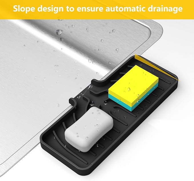Sponge Holder for Kitchen Sink, Soap Tray for Sink & Counter, 9.8"×4.9" Soap Dish Mat, Silicone with Drain, Perfect for Dispenser, Scrubber, Bottle, Cup (Black)
