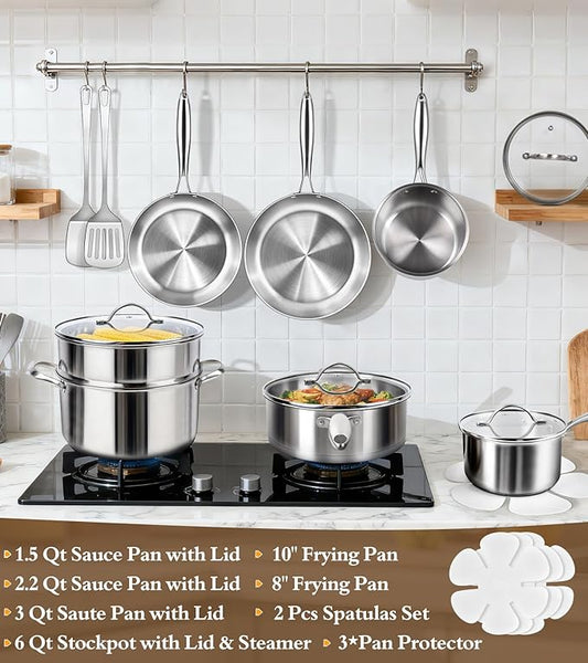 16-Piece Pots and Pans Set, Tri-Ply Stainless Steel Cookware Set with Lids, Non-toxic Kitchen Cooking Set, Dishwasher-Friendly, Induction-Ready, Even Heating, Heavy Duty, Compatible with All Cooktops