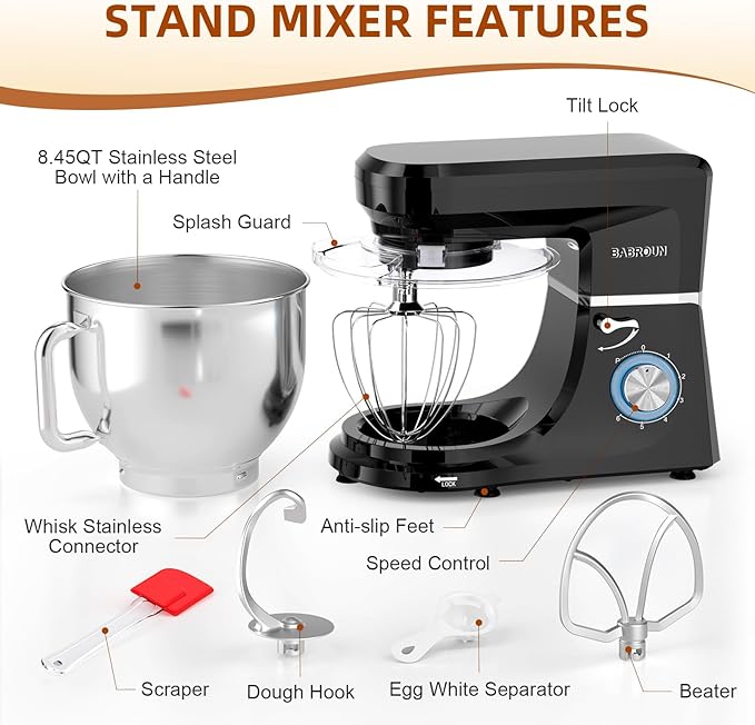 Babroun Dough Mixer 8.45 QT Electric Mixer - 660W 6 Speed Large Capacity Kitchen Stand Mixer with Whisk Dough Hook Mixing Beater Household Food Mixer for Baking Cakes Cookie Bread Salad