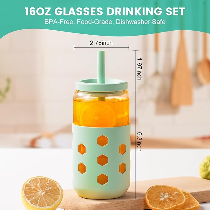 Glass Cups with Lids and Straws (4 Pack), 16oz Drinking Glasses Set with Silicone Sleeves for Coffee Bar Accessories Iced Coffee Cups with Lids, Glass Tumbler Reusable for Gifts
