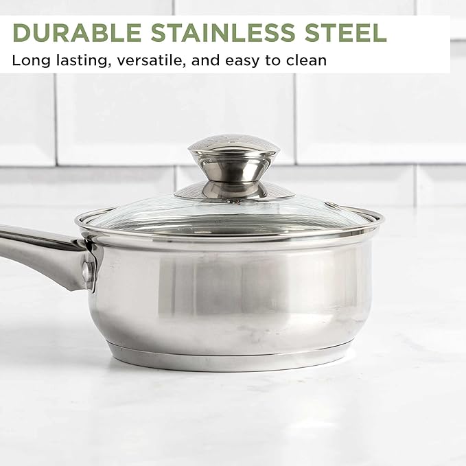 Ecolution Stainless Steel Sauce Pan, Encapsulated Induction Ready Cooking Pot with Glass Lid, Oven Safe, Dishwasher Safe Soup Pot, 1-Quart